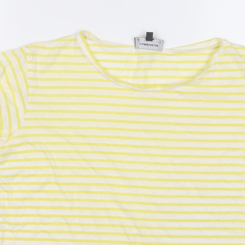 Warehouse Womens Yellow Striped Cotton Basic T-Shirt Size 12 Round Neck