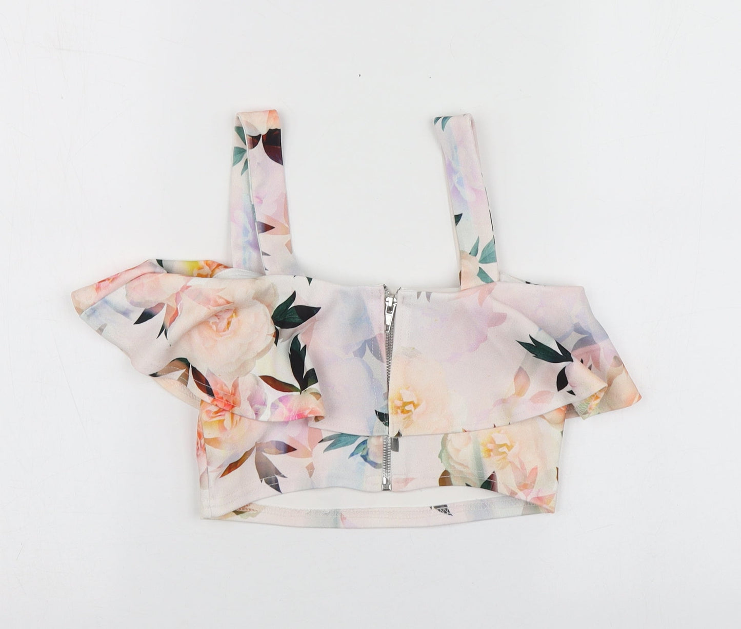 New Look Womens Pink Floral Polyester Basic T-Shirt Size 6 Square Neck