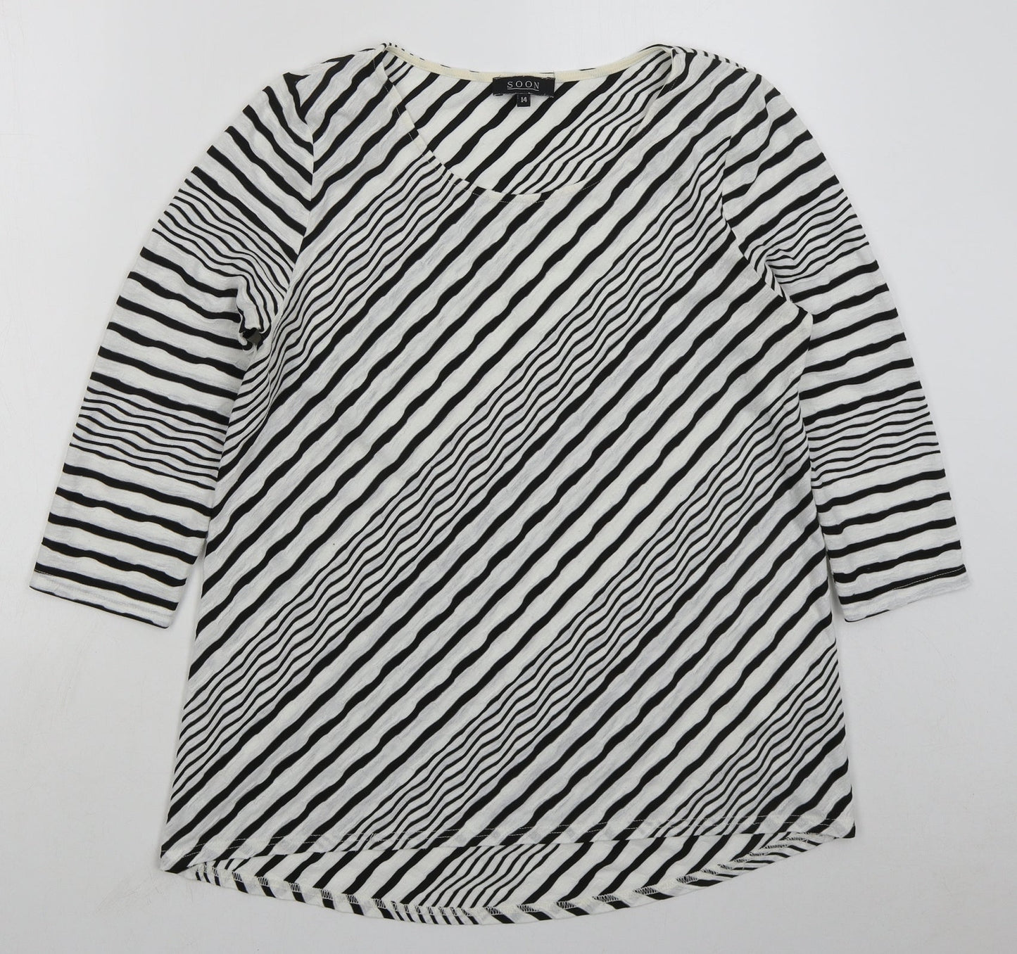 Soon Womens White Striped Polyester Basic T-Shirt Size 14 Round Neck - Black and White