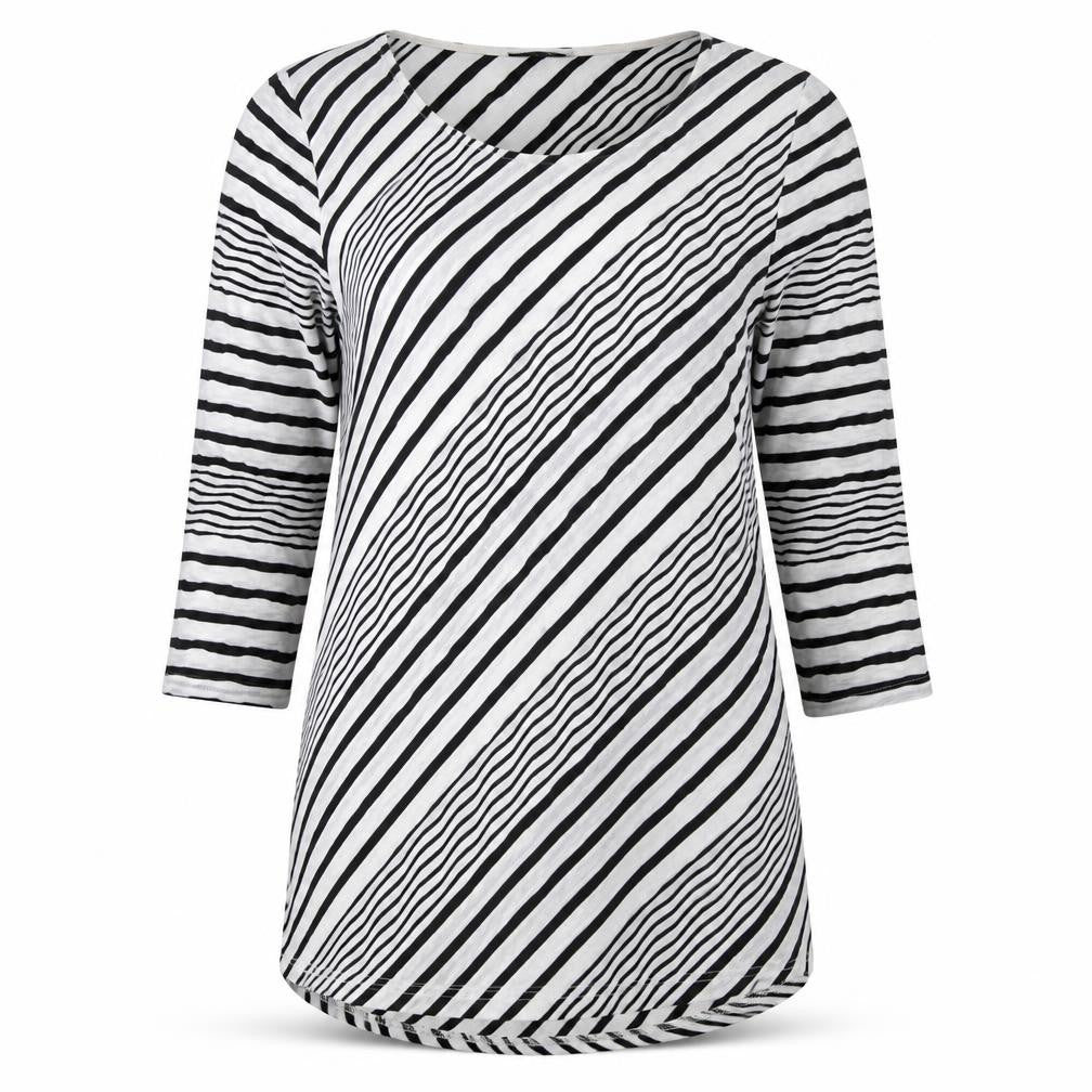 Soon Womens White Striped Polyester Basic T-Shirt Size 14 Round Neck - Black and White