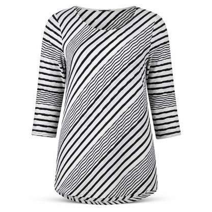 Soon Womens White Striped Polyester Basic T-Shirt Size 14 Round Neck - Black and White