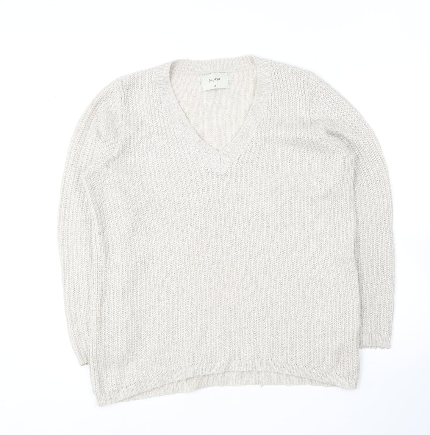 Papaya Womens Beige V-Neck  Acrylic Pullover Jumper Size M