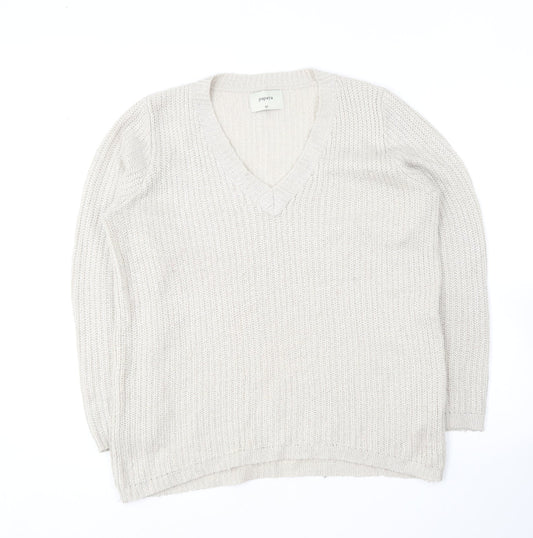 Papaya Womens Beige V-Neck  Acrylic Pullover Jumper Size M
