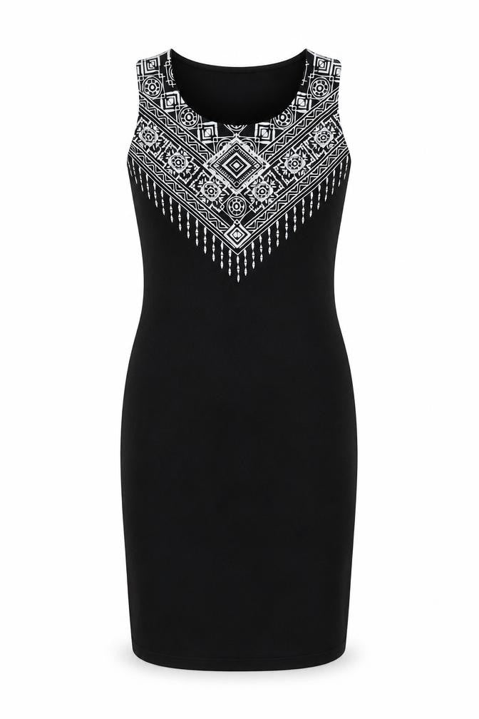 Amisu Womens Black Geometric Polyester Tank Dress  Size 10  Round Neck Pullover
