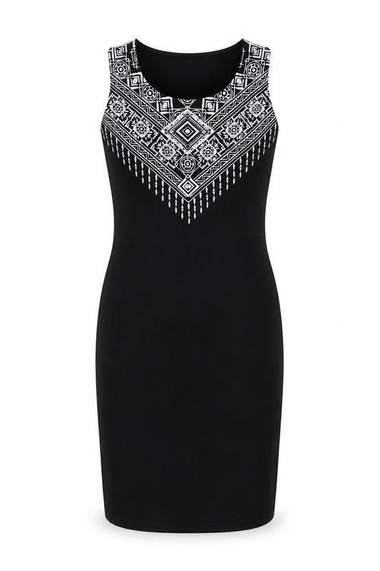 Amisu Womens Black Geometric Polyester Tank Dress  Size 10  Round Neck Pullover