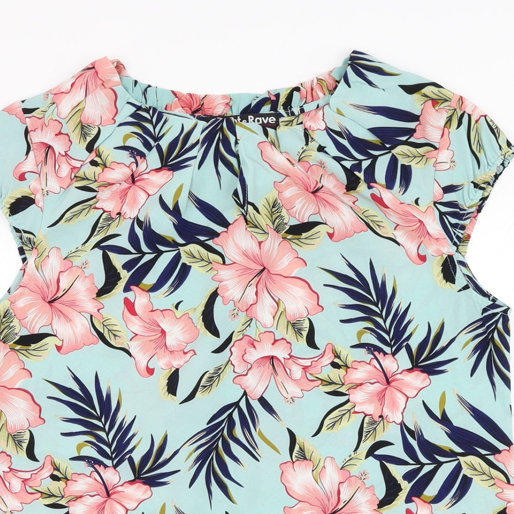 Rant & Rave Womens Blue Floral Polyester Basic Blouse Size 12 Round Neck