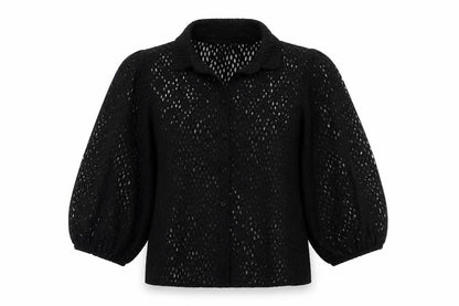 Savida Womens Black  Polyester Basic Button-Up Size L Collared