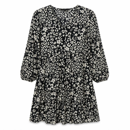 Primark Womens Black Geometric Polyester Skater Dress  Size 4  V-Neck