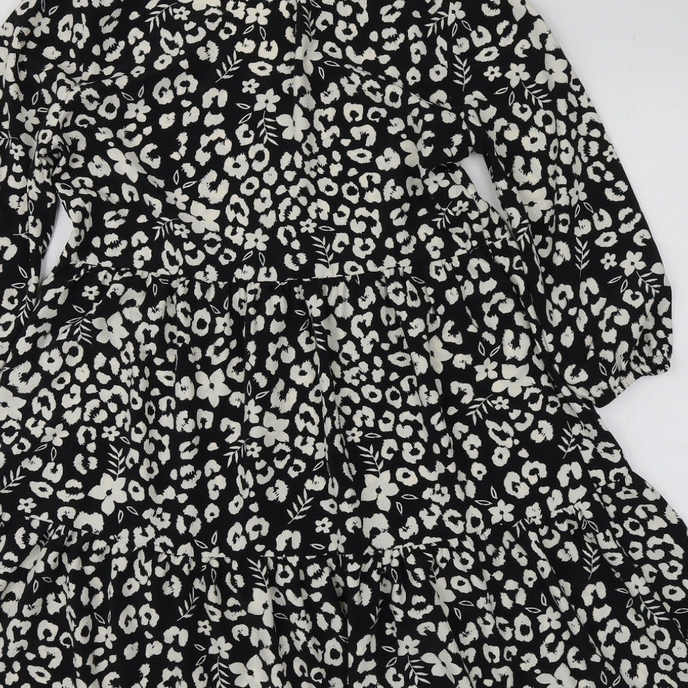 Primark Womens Black Geometric Polyester Skater Dress  Size 4  V-Neck