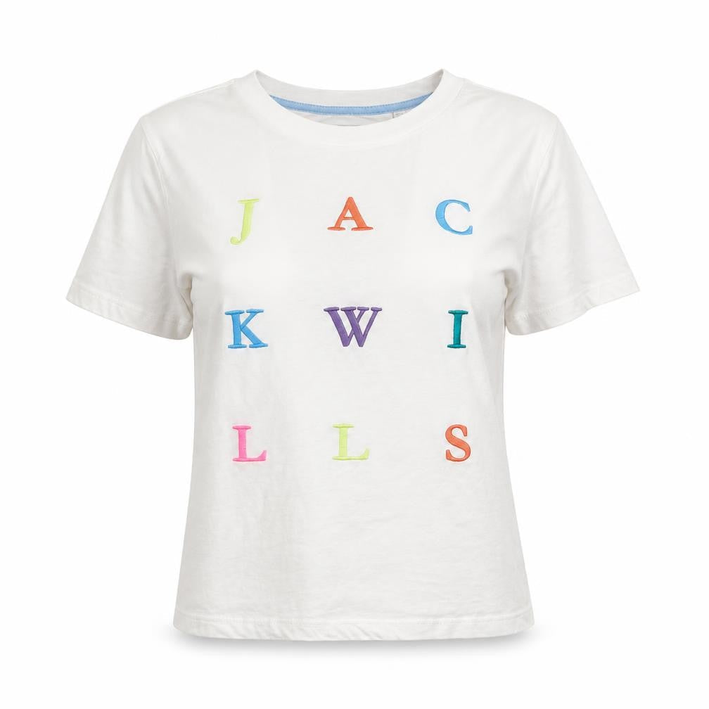 Jack Wills Womens White Geometric Cotton Basic T-Shirt Size 8 Round Neck