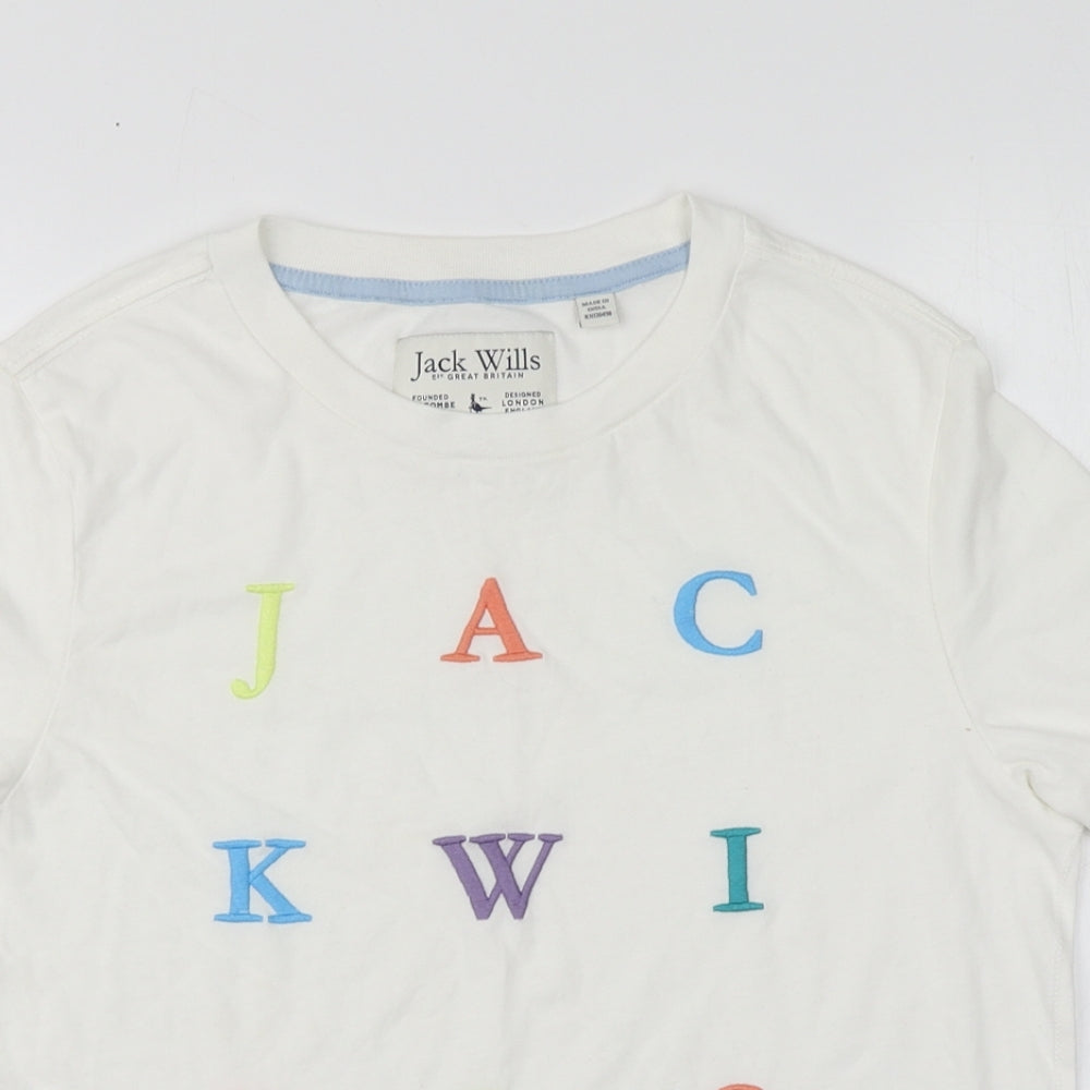 Jack Wills Womens White Geometric Cotton Basic T-Shirt Size 8 Round Neck