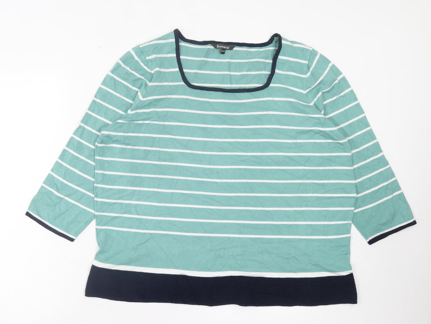 bonmarch Womens Green Square Neck Striped Cotton Pullover Jumper Size 20