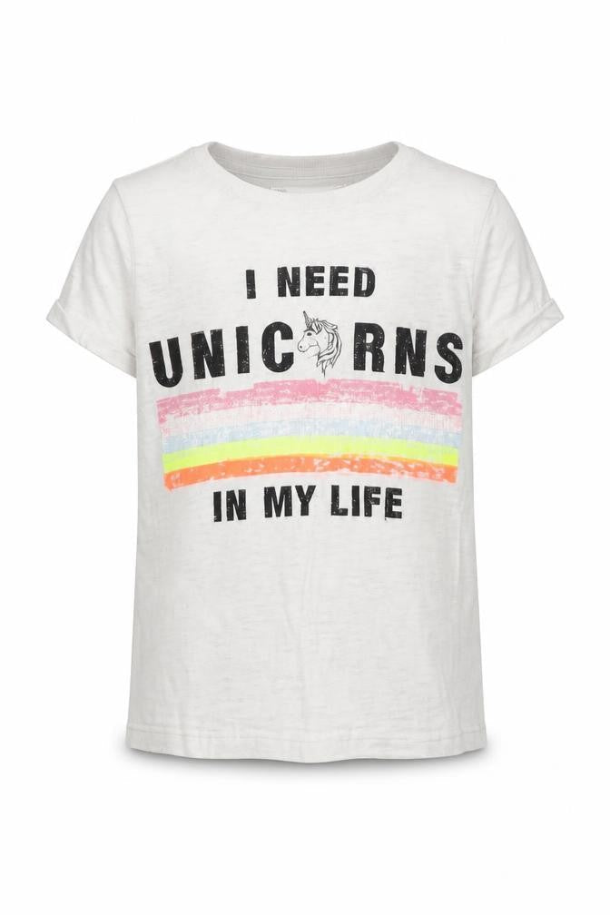 Marks & Spencer Girls White Cotton Basic T-Shirt Size 6-7 Years Round Neck - Unicorn