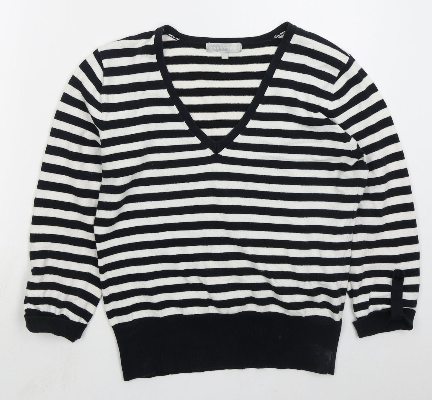 Red Herring Womens Blue V-Neck Striped Cotton Pullover Jumper Size 14