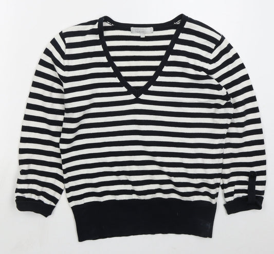 Red Herring Womens Blue V-Neck Striped Cotton Pullover Jumper Size 14