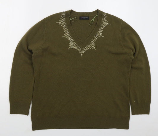 Bonmarché Womens Green V-Neck Acrylic Pullover Jumper Size L