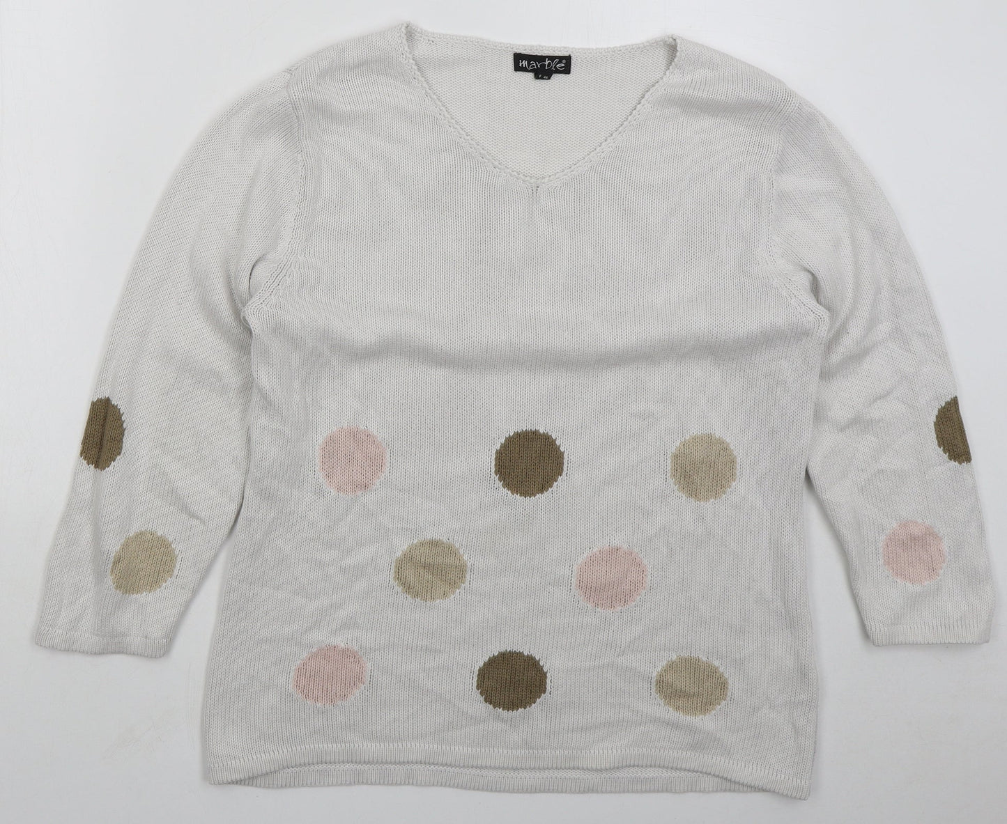 Marble Womens White V-Neck Polka Dot Cotton Pullover Jumper Size L