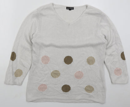 Marble Womens White V-Neck Polka Dot Cotton Pullover Jumper Size L