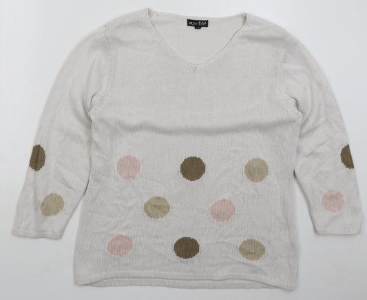 Marble Womens White V-Neck Polka Dot Cotton Pullover Jumper Size L