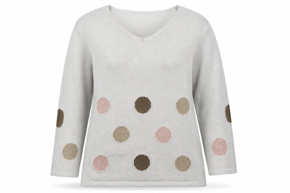 Marble Womens White V-Neck Polka Dot Cotton Pullover Jumper Size L