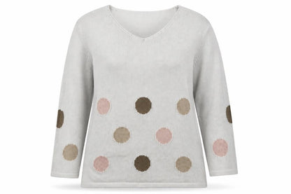 Marble Womens White V-Neck Polka Dot Cotton Pullover Jumper Size L