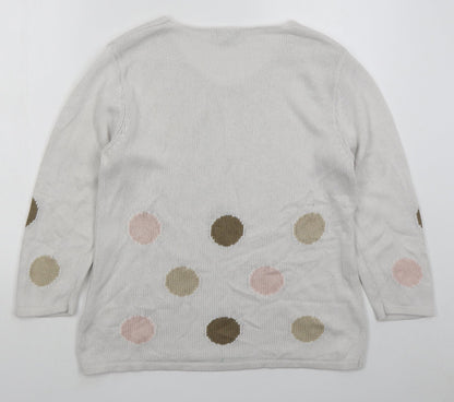 Marble Womens White V-Neck Polka Dot Cotton Pullover Jumper Size L