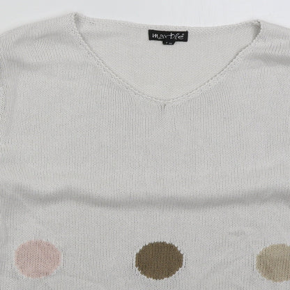 Marble Womens White V-Neck Polka Dot Cotton Pullover Jumper Size L