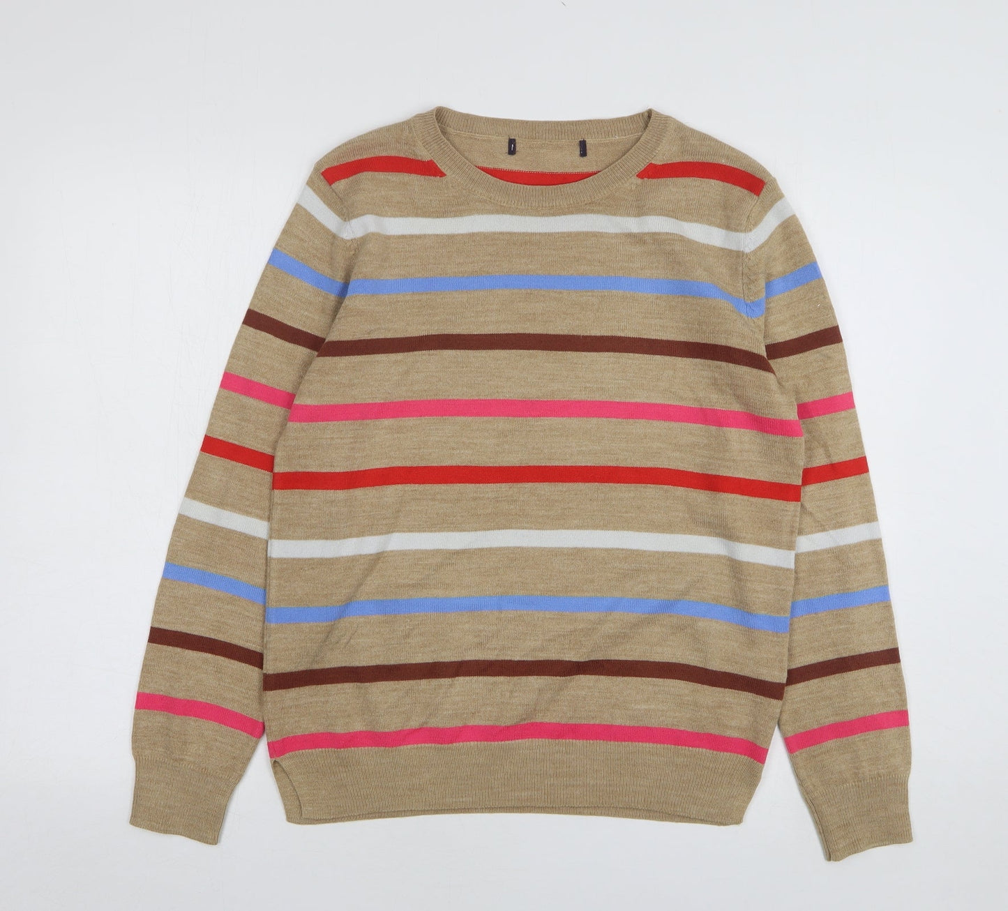 Marks and Spencer Womens Beige Round Neck Striped Acrylic Pullover Jumper Size 10