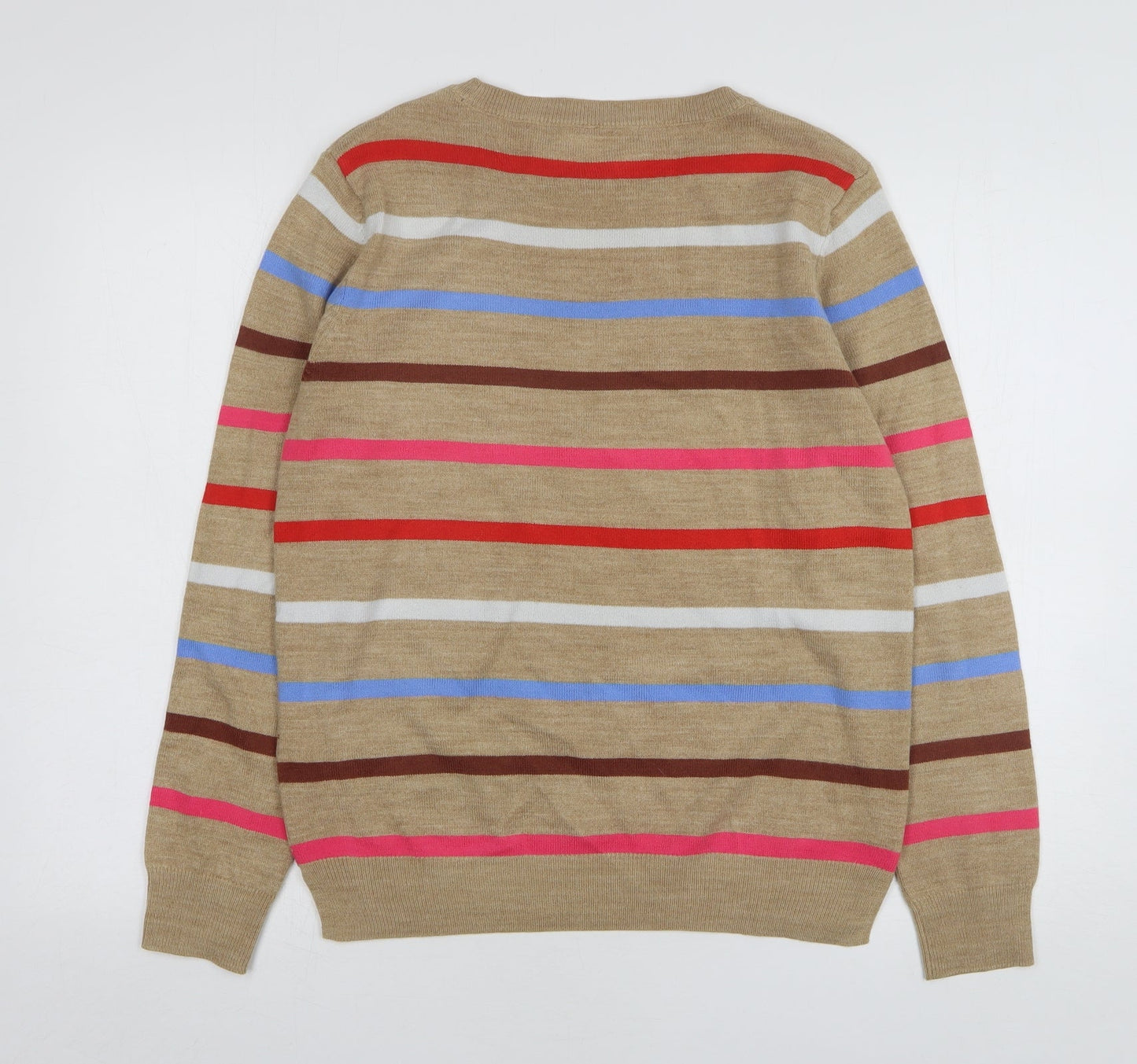 Marks and Spencer Womens Beige Round Neck Striped Acrylic Pullover Jumper Size 10
