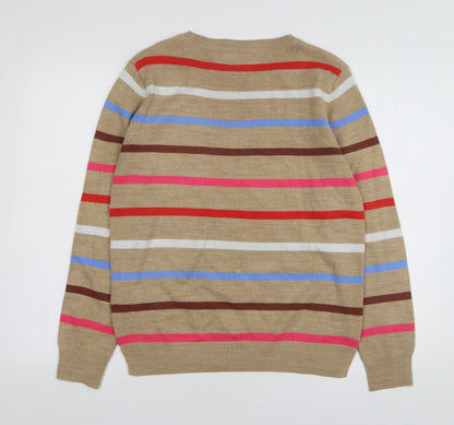 Marks & Spencer Womens Beige Round Neck Striped Acrylic Pullover Jumper Size 10