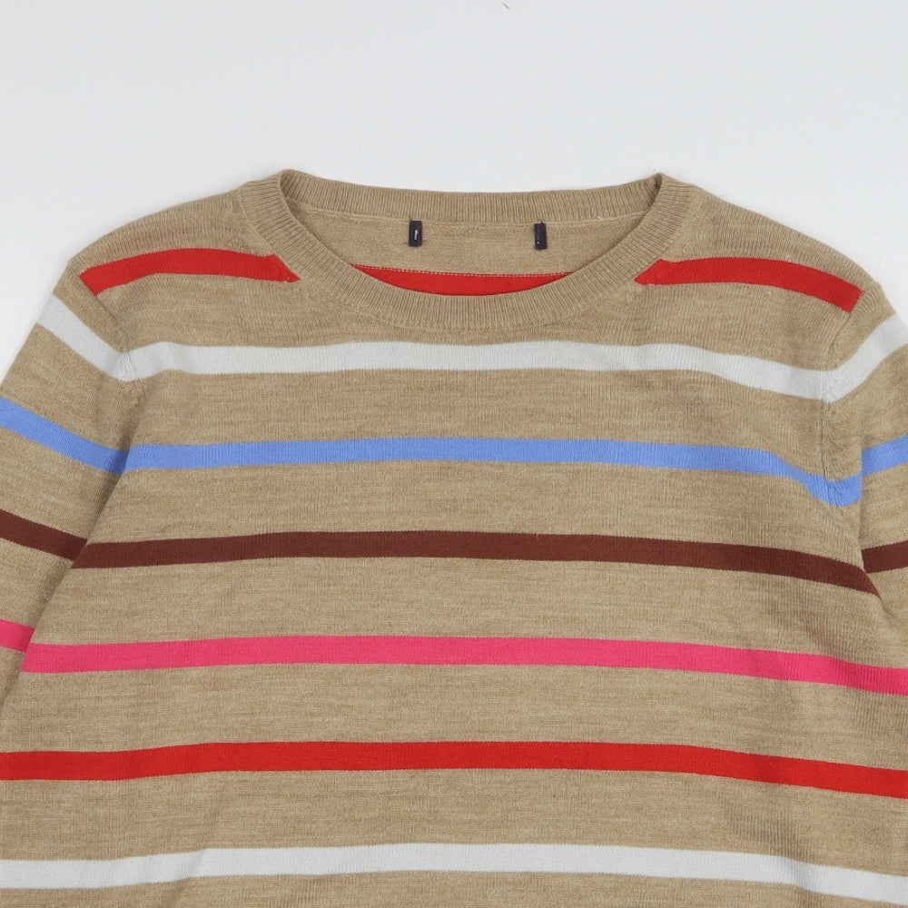 Marks and Spencer Womens Beige Round Neck Striped Acrylic Pullover Jumper Size 10