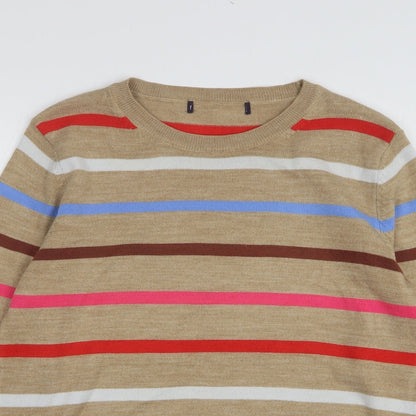 Marks & Spencer Womens Beige Round Neck Striped Acrylic Pullover Jumper Size 10