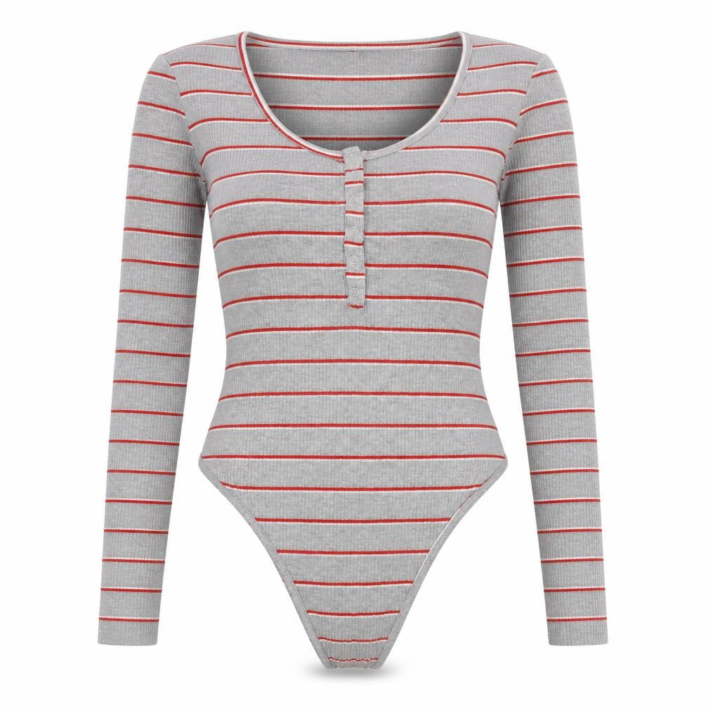 SheIn Womens Grey Striped Cotton Bodysuit One-Piece Size M Hook & Loop