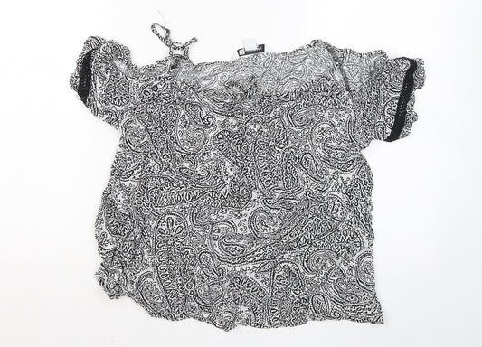 Rockmans Womens White Geometric Viscose Basic Blouse Size 14 Round Neck