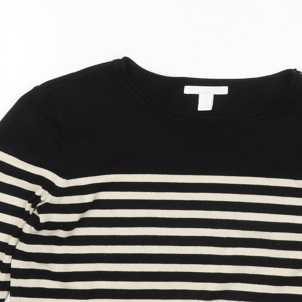 H&M Womens Black Round Neck Striped Acrylic Pullover Jumper Size S