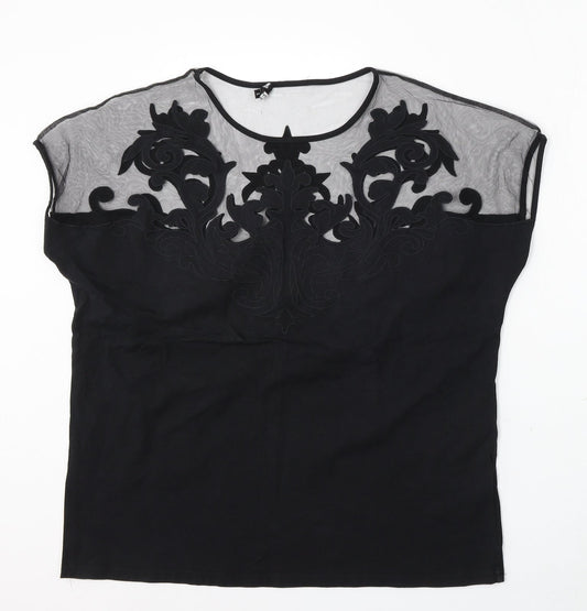 Leo Guy Womens Black Floral Cotton Basic Blouse Size 6 Round Neck