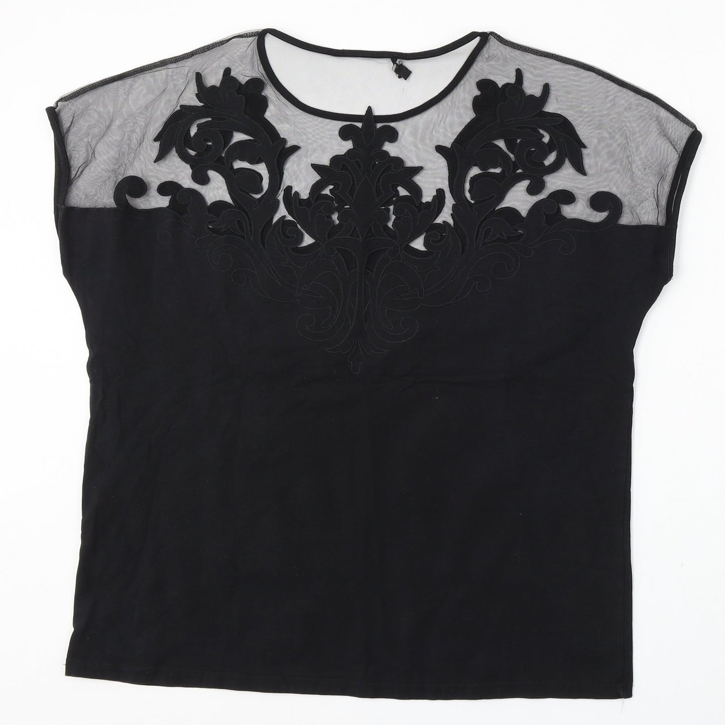 Leo Guy Womens Black Floral Cotton Basic Blouse Size 6 Round Neck