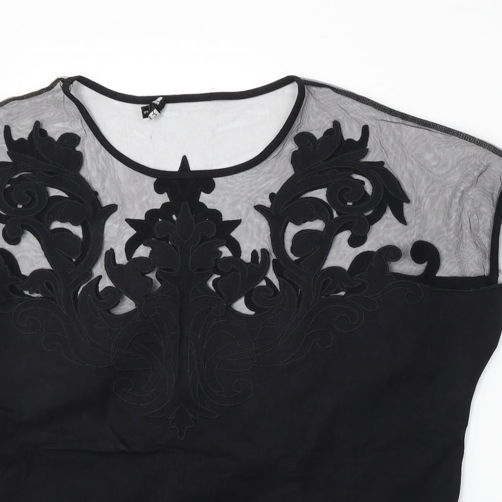 Leo Guy Womens Black Floral Cotton Basic Blouse Size 6 Round Neck