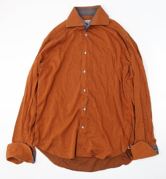 Coton Doux Mens Orange Striped Cotton Button-Up Size 17 Collared Button