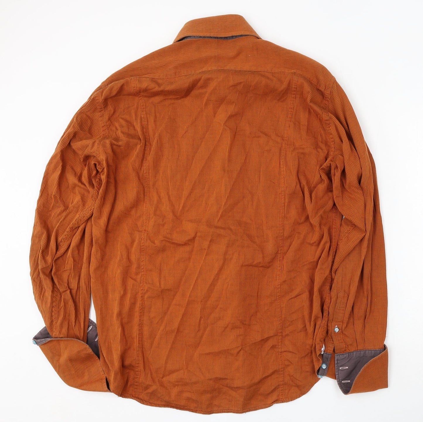 Coton Doux Mens Orange Striped Cotton Button-Up Size 17 Collared Button