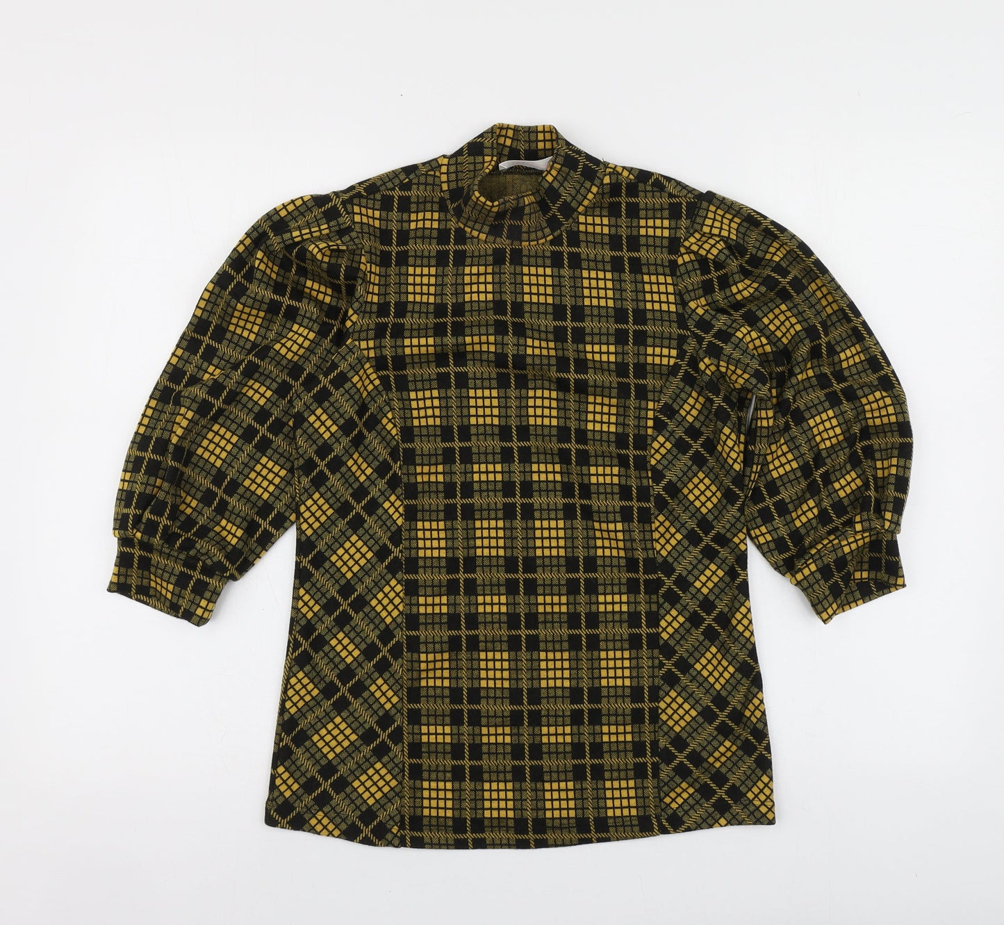 Savida Womens Yellow Plaid Polyester Basic Blouse Size XS High Neck