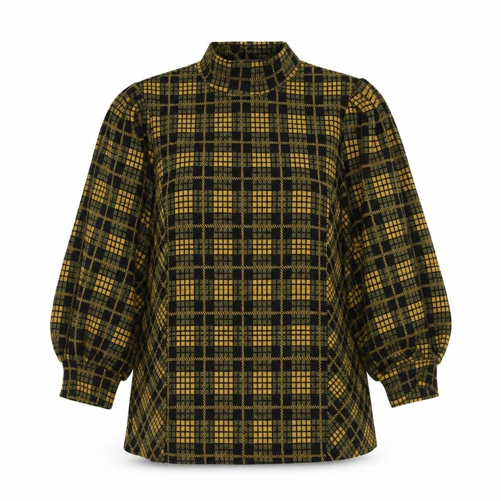 Savida Womens Yellow Plaid Polyester Basic Blouse Size XS High Neck