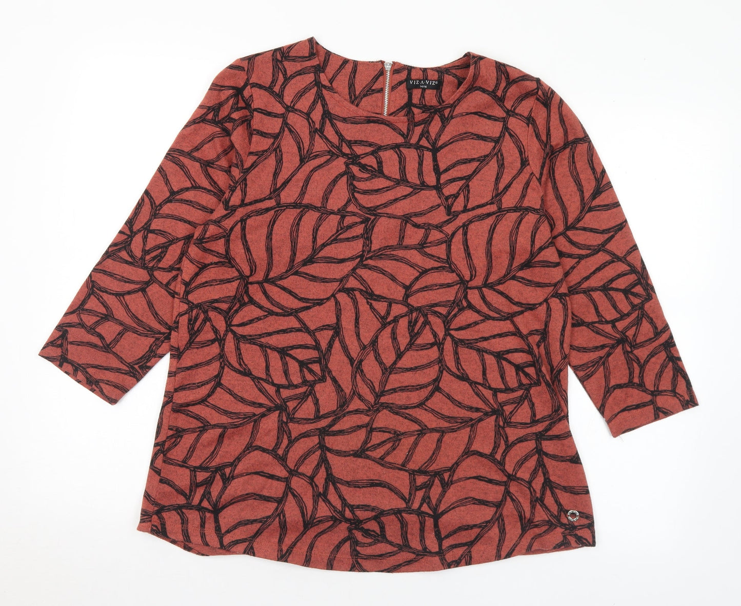 Viz A Viz Womens Brown Round Neck Geometric Polyester Pullover Jumper Size 14 - 14-16
