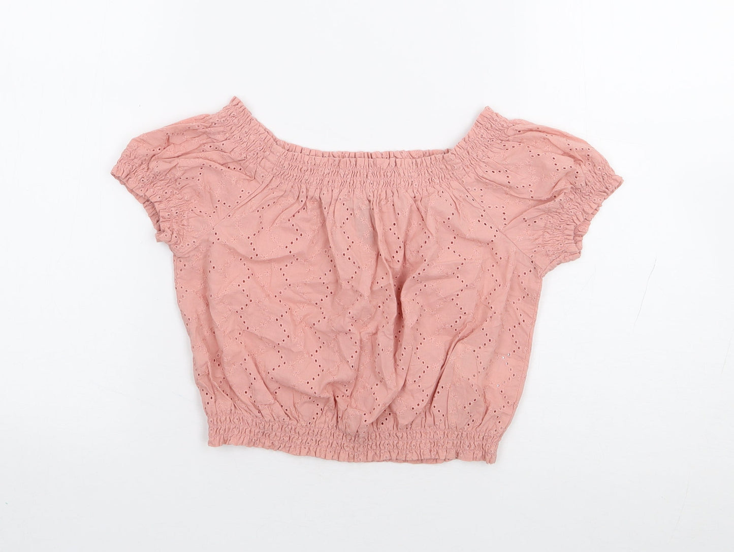 H&M Womens Pink Floral 100% Cotton Cropped T-Shirt Size 6 Off the Shoulder
