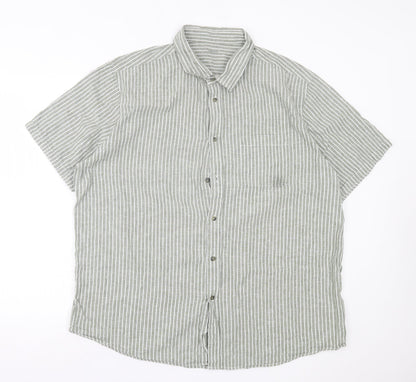Dunnes Mens Green Striped Linen Button-Up Size 2XL Collared Button