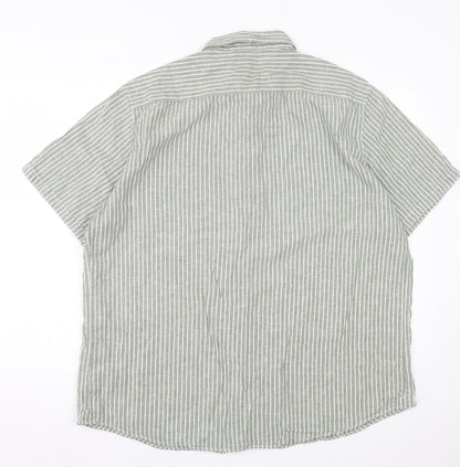 Dunnes Mens Green Striped Linen Button-Up Size 2XL Collared Button