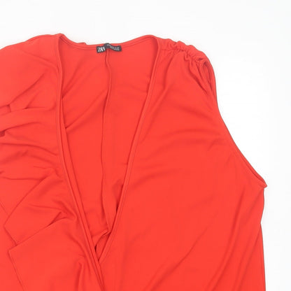 Zara Womens Red Polyester Wrap Blouse Size M V-Neck