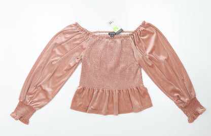 Preloved Primark Womens Pink Polyester Basic Blouse Size 12 Off the Shoulder - Front