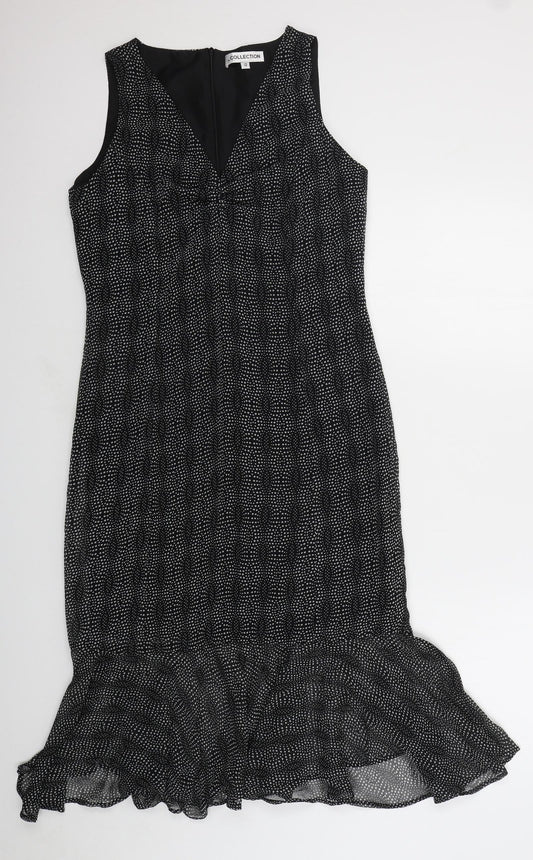 The Collection Womens Black Polka Dot Polyester Fit & Flare Size 12 Round Neck Zip