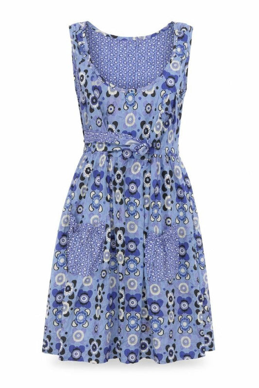Womens Blue Geometric Cotton Skater Dress Size 10 V-Neck